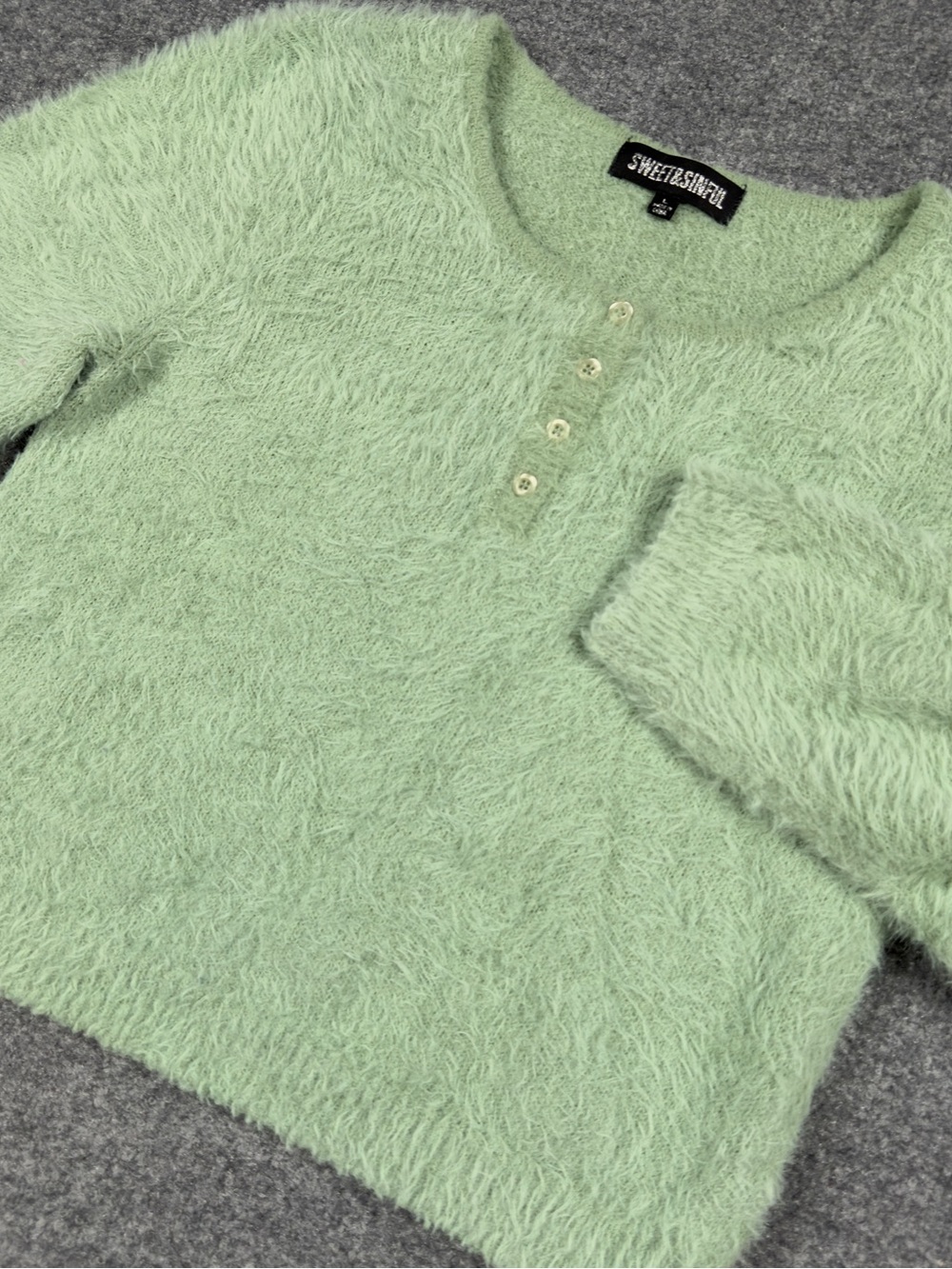 Sweet & Sinful Mint Green Fuzzy Henley Sweater